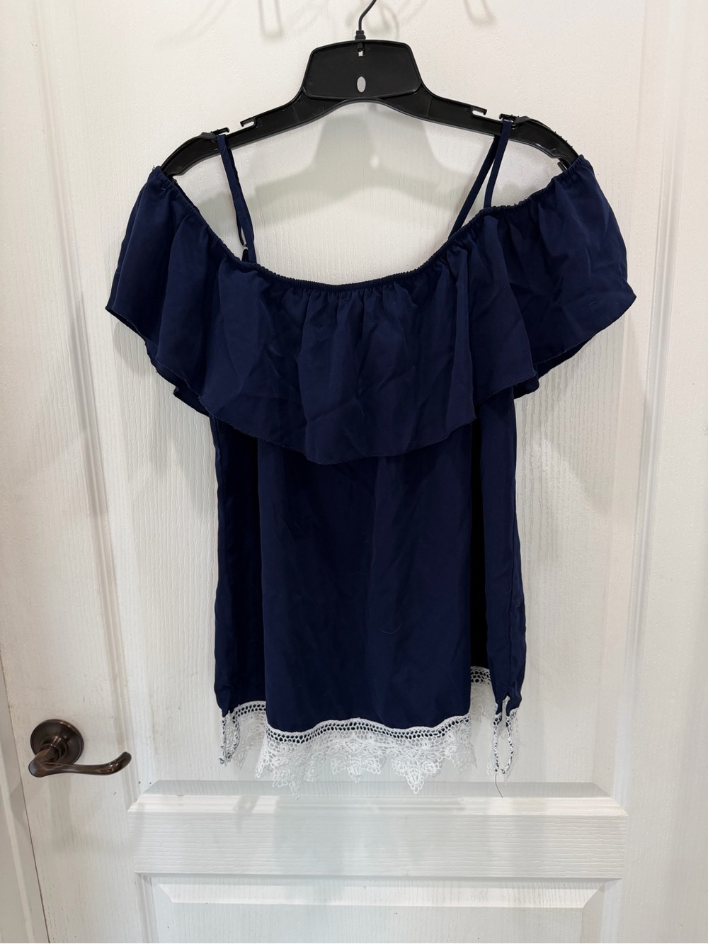 No Boundaries Navy Off-Shoulder Ruffle Camisole with Lace Trim